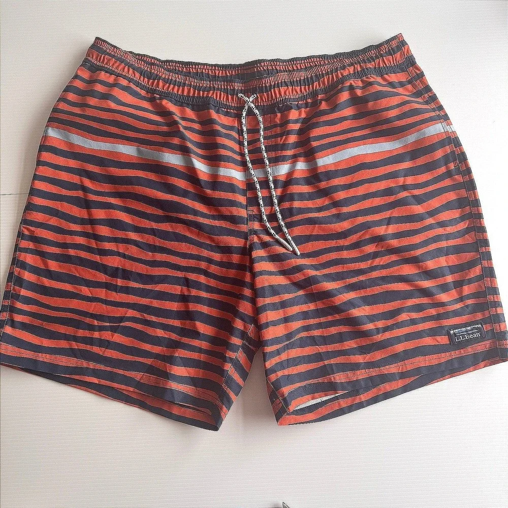 LL Bean Mens Striped‎ Board Shorts Swim Trunks Orange Navy Blue XL  Beach